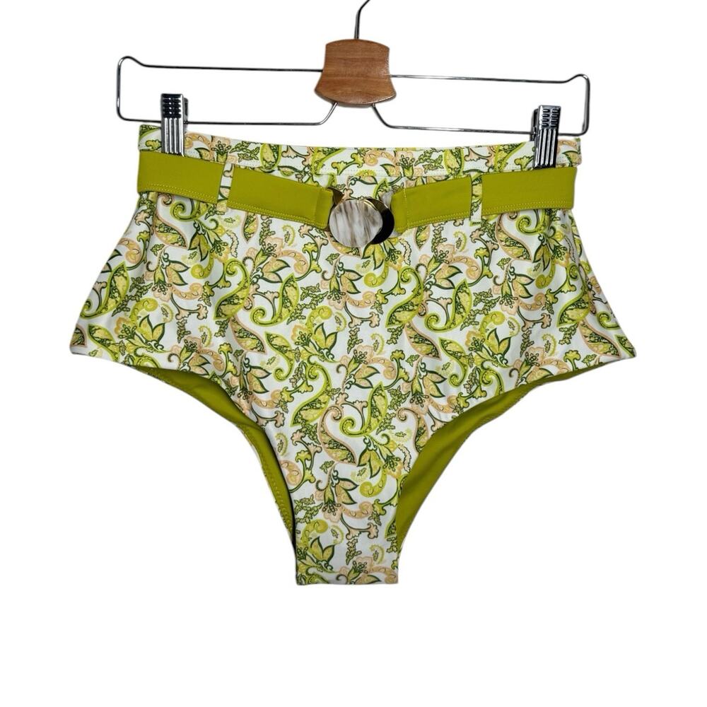 Palm Swim New Green White Paisley Belted High Waisted Bikini Bottom 3 Large